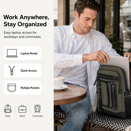 Vista 2 de Bolsa de mensajero para hombre, bolsa cruzada de lona, mochila cruzada, bolsa de hombro para laptop, senderismo, mochilas casuales tácticas