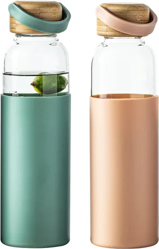 Vista 16 de Botella de agua de vidrio de borosilicato de 21 onzas con funda antideslizante y tapa a prueba de fugas - Botella de bebida reutilizable para 2