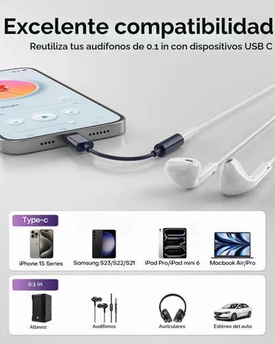 Vista 5 de Adaptador USB C a conector de auriculares de audio de 0.138 in (paquete de 2), cable auxiliar a USB C compatible con iPhone 17/16/15, iPad Pro Azul