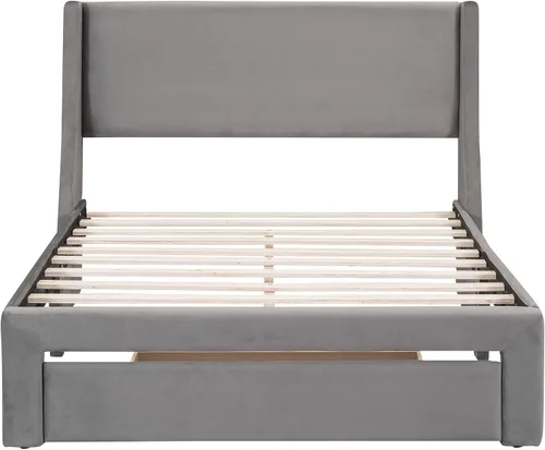 Vista 4 de Base de cama de tamaño matrimonial con cabecera tapizada de terciopelo, marco de cama con cajones y listones de madera que soportan el marco