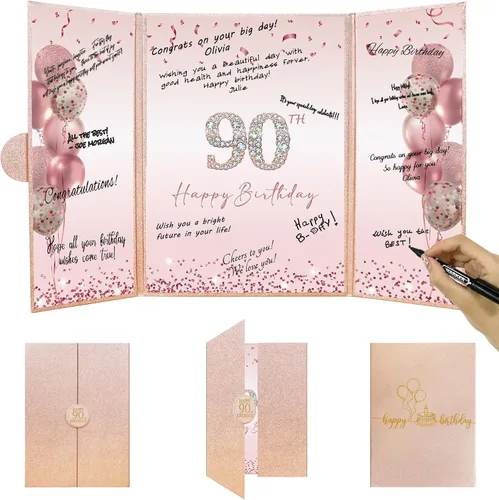 Vista 10 de DARUNAXY Decoraciones de Fiesta de Cumpleaños 90 Años Negro Dorado, Feliz Cumpleaños 90 Libro de Invitados de Firmas Alternativo para Hombres