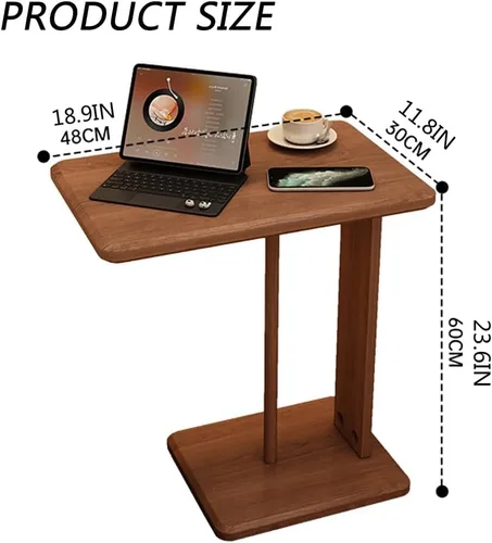 Vista 2 de Mesa Auxiliar En Forma De C De Madera De Caucho, Mesa Auxiliar Pequeña Con Bandeja Para TV Para Sofá, Sala De Estar, Dormitorio, Mesa De Sofá Nogal