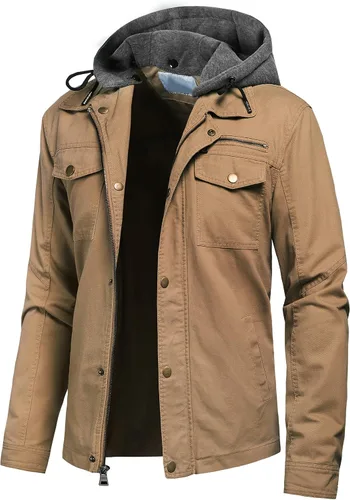 Vista 22 de Pursky Chaqueta de lona de algodón militar casual para hombre con capucha desmontable