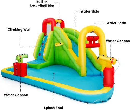 Vista 5 de OLAKIDS Tobogán acuático inflable, casa de rebote 7 en 1 con 2 toboganes, pared de escalada, piscina de salpicaduras, borde de baloncesto, 2