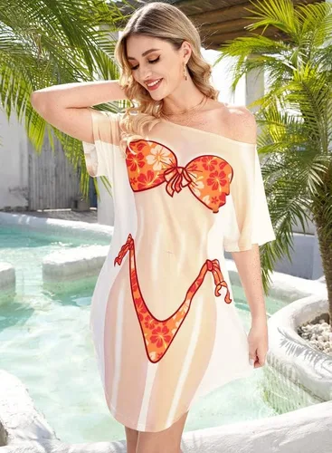 Vista 3 de Spadehill Traje de baño holgado de manga corta con estampado de bikini para mujer