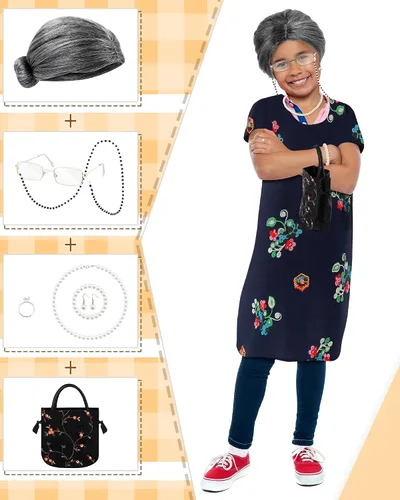 Vista 4 de Tisancy 1 Set Old Lady Costume Set 100th Day of School Costume Grandma Accessories Grandma Cosplay Set for Girls Dress Up