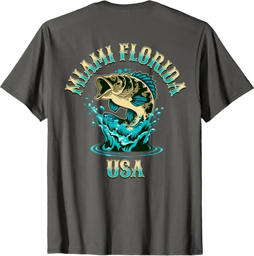 Vista 59 de Camiseta con diseño de pesca en la parte delantera y trasera de Miami Florida USA, Negro