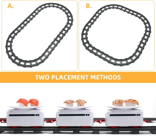 Vista 2 de Tren de sushi, mesa giratoria de tren alimentario, juguete eléctrico con pilas, platos japoneses de sashimi debajo del árbol de Navidad, pista