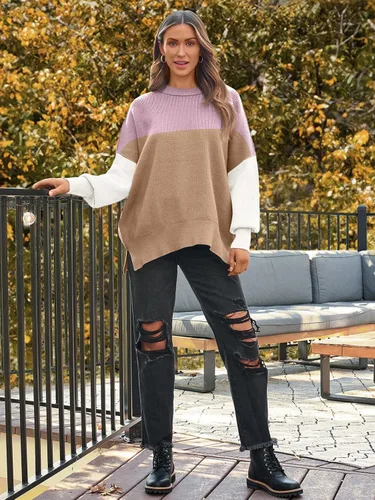 Vista 107 de Lillusory - Suéter extragrande con mangas de murciélago y cuello redondo para mujer, prenda moderna de otoño de tejido de punto sin botones