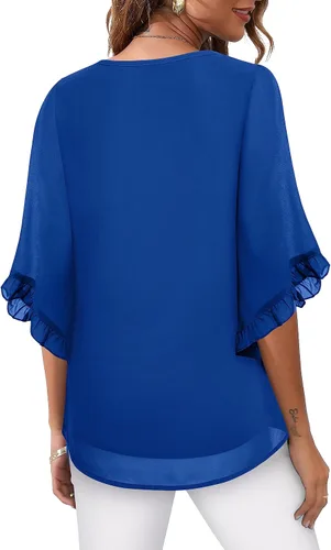 Vista 3 de Blusa de manga 34 con volantes para mujer, camisas fluidas de doble capa, elegantes blusas de gasa