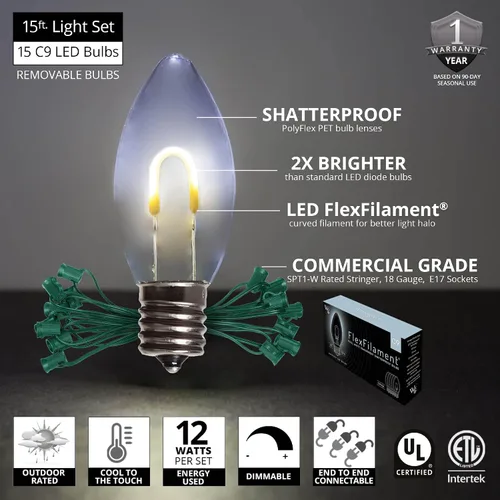 Vista 3 de Wintergreen Lighting - Luces navideñas inastillables FlexFilament LED C9