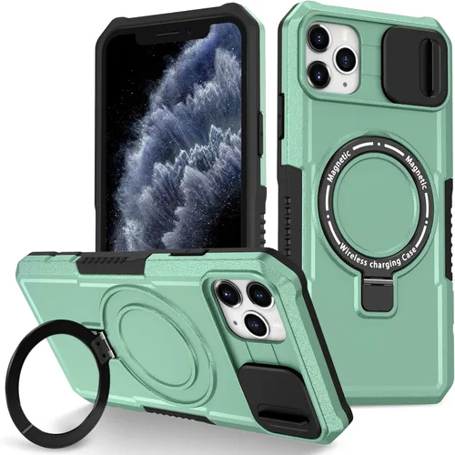 Vista 111 de Funda magnética para iPhone 11, soporte de anillo con ventana corrediza, funda protectora mate a prueba de golpes para iPhone 11 6.1, fundas