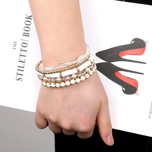 Vista 5 de Pulseras de cuentas de arcilla, pulseras de cristal con cuentas de varias capas, bohemio, blanco y rosa, juego de pulseras para mujer