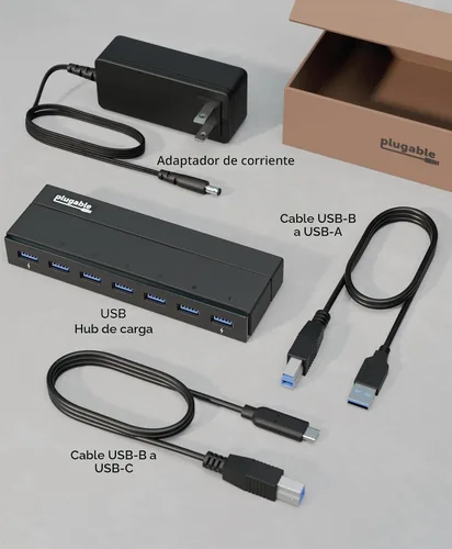 Vista 5 de Plugable Concentrador USB 3.0 de 7 puertos con adaptador de corriente de 36 W - Sin controlador - Conecta dispositivos y transfiere datos sin