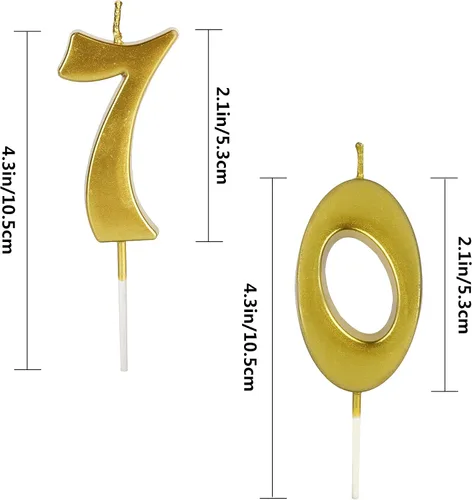 Vista 2 de Velas doradas de 70 cumpleaños para pasteles, velas con purpurina número 70 para fiestas, aniversarios, decoración de pasteles para mujeres u hombres