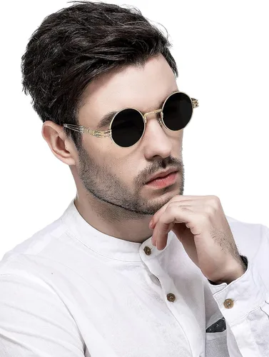 Vista 3 de AIEYEZO Gafas de sol redondas steampunk Circle Lennon Hippie, marco de metal, lente de bloqueo UV 100%