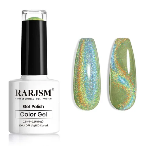Vista 11 de RARJSM Esmalte de uñas de gel con purpurina holográfica plateada, efecto arcoíris galáctico, universal, sin imán, para secado con lámpara UV o LED