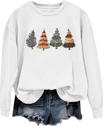 Vista 4 de Sudadera para mujer con estampado de Navidad, cuello redondo, holgada, hombros caídos, camisetas de invierno