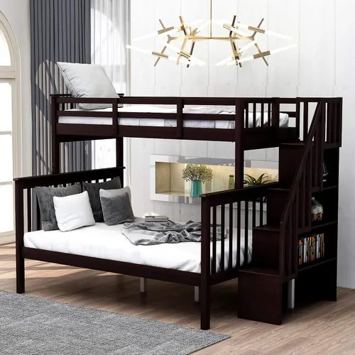 Vista 25 de Literas para niños con escalera, literas de madera maciza con barandilla completa