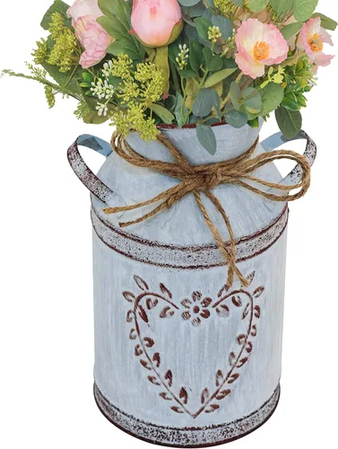 Vista 5 de Jarrón rústico Shabby Chic para flor, acabado galvanizado con asa, jarrón vintage de granja para centros de mesa con forro de agua de 7.7 pulgadas