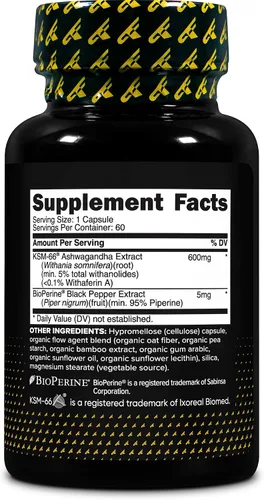 Vista 4 de Primaforce KSM-66 Extracto de raíz de Ashwagandha (600 mg) 60 cápsulas vegetarianas - 5% Withanólidos con BioPerine