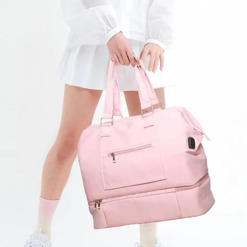 Vista 7 de MINKARS Bolsa de fin de semana con compartimento para zapatos, funda para portátil, puerto de carga USB, Rosado, Bolsa de fin de semana