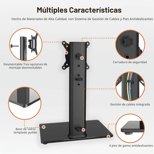 Vista 5 de HT07B-001 - Soporte giratorio universal para televisores de 13 a 32 pulgadas con giro de 100 grados, altura ajustable de 4 niveles, base de vidrio