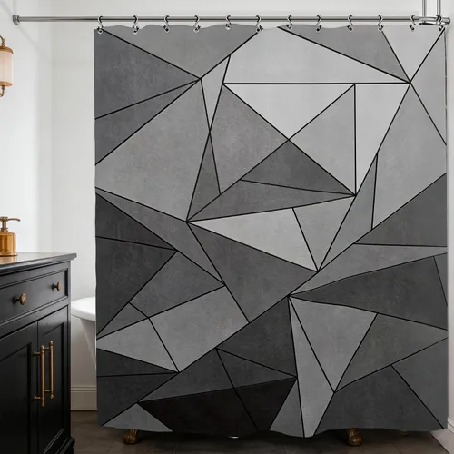 Vista 4 de Abstract Black Gray Geometric Bathroom Shower Curtain 60W by 71H Inch Modern Contemporary Neutral Minimalist Simple Triangle Polyester Fabric 12