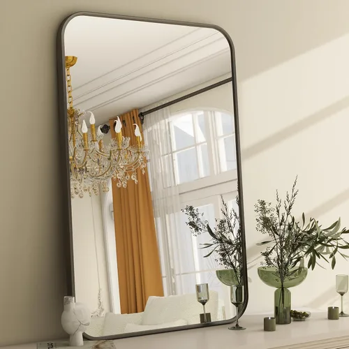 Vista 14 de Espejo de baño negro de 30"x22" - Espejo moderno para pared con esquinas redondeadas, espejos de baño para tocador, espejo enmarcado de aleación