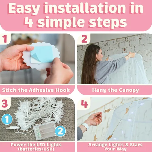 Vista 5 de Bollepo Toldo de cama de arcoíris y LED para niñas con estrellas brillantes – Decoración de habitación de red de cuna de princesa Cortinas de cama