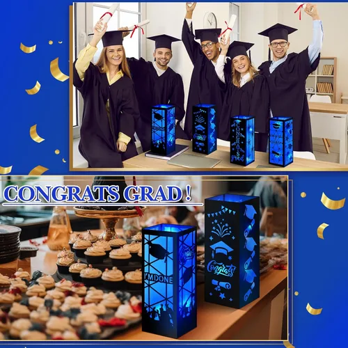Vista 6 de Feifeiya 4 piezas de centros de mesa de graduación 2026, faroles de mesa de graduación de clase 2026 con tira de luces LED para felicitaciones, Azul