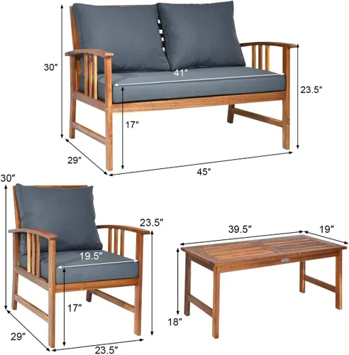 Vista 6 de Tangkula - Juego de muebles de madera de 4 piezas para patio o exteriores, banco, mesa y dos sillas, con cojines