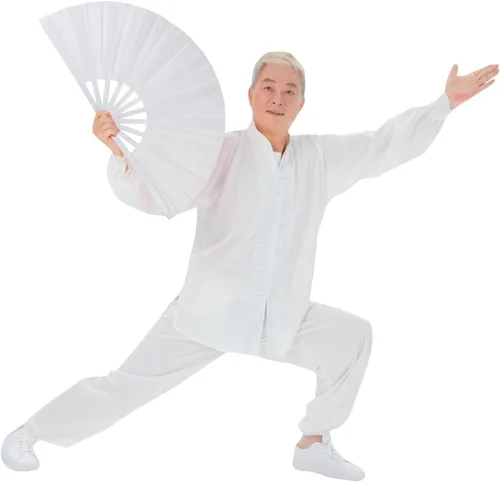 Vista 4 de Paquete de 2 ventiladores de mano plegables grandes para hombres y mujeres, fanáticos rave, ventilador chino de Kung Fu Tai Chi, abanicos de mano