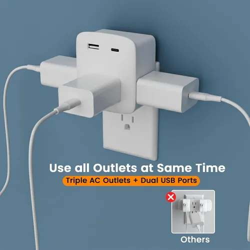 Vista 7 de Extensor de toma de corriente múltiple, 3 salidas de CA con 2 puertos de carga USB (1 USB-C/1 USB-A), regleta de alimentación de 3 lados con labio
