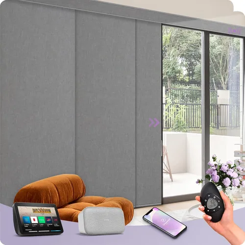 Vista 33 de Graywind Paneles deslizantes motorizados opacos compatibles con Alexa Google, persianas de riel para puertas corredizas de patio