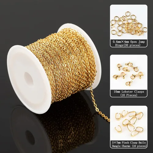 Vista 2 de UMAOKANG Cadenas chapadas en oro de 33 pies para fabricación de joyas, carrete de eslabones de cadena de cable plano para manualidades, aretes