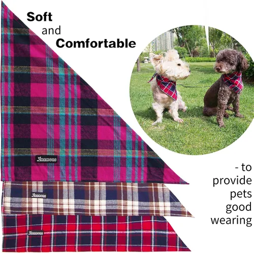 Vista 6 de Pañuelo ajustable para perro, 1 bufanda triangular de algodón suave y lavable para perros y gatos pequeños, medianos y grandes (marrón y azul, S)