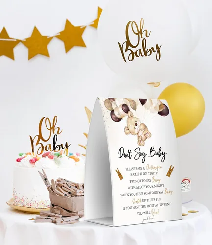 Vista 4 de Juego de texto en inglés "Don't Say Baby", un letrero de 5 x 7 pulgadas y 50 mini pinzas para la ropa, juegos de baby shower, decoración de baby