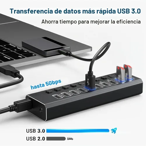 Vista 3 de Hub USB 3.0 alimentado de aluminio de 10 puertos USB 3.0 Hub de datos con adaptador de corriente de 12V/4A (48W) e interruptores individuales de Hub
