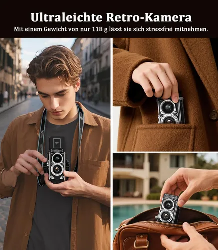 Vista 6 de Cámara digital retro de Chuzhao, cámara vintage portátil estilo TLR de doble lente, 12MP con enfoque automático, 1080P FHD, cámara de apuntar