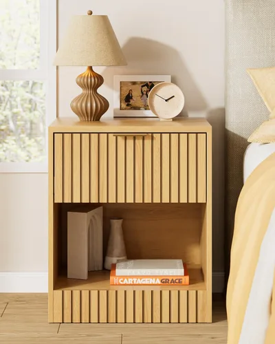Vista 11 de Mesita de noche pequeña, mesita de noche moderna, mesita de noche con cajón y estante abierto, diseño de cubo, mesa auxiliar pequeña