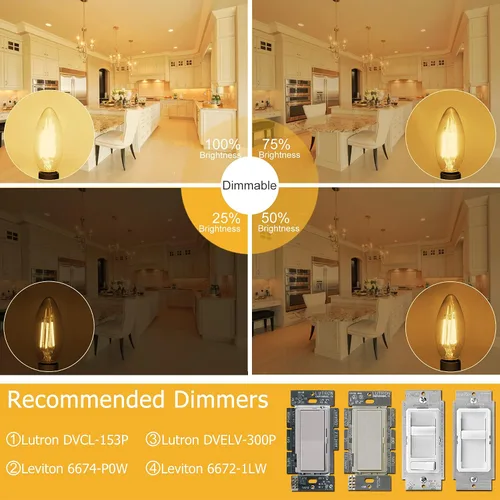 Vista 2 de Cotanic Bombilla LED regulable para candelabro de 2700 K, luz blanca cálida, base E12, equivalente a 60 W, bombilla tipo B con forma de vela