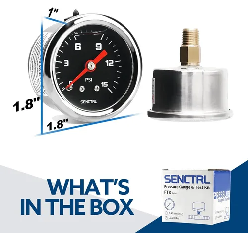 Vista 2 de SENCTRL Kit de manómetro de presión de combustible de 15 PSI para línea de combustible de 3/8, esfera negra, motores de carburador, motores