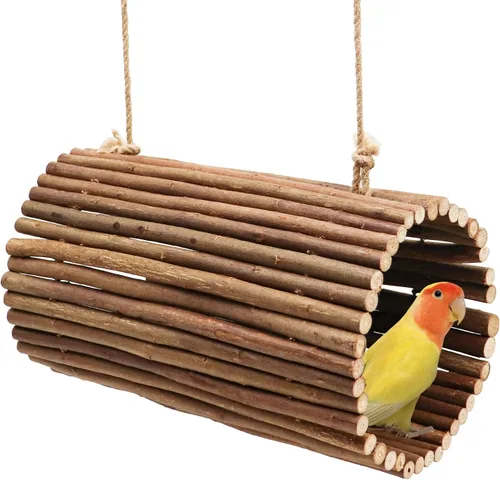 Vista 8 de Hamaca de loro de madera de manzana natural y cuevas de árboles, accesorios de jaula para pájaros pequeños, periquitos, cacatúas, tortolitos