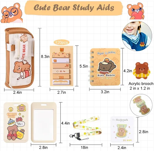Vista 5 de Juego de 406 piezas de artículos de papelería de oso lindo, suministros de oficina Kawaii, incluye un divertido estuche para lápices, bolígrafos