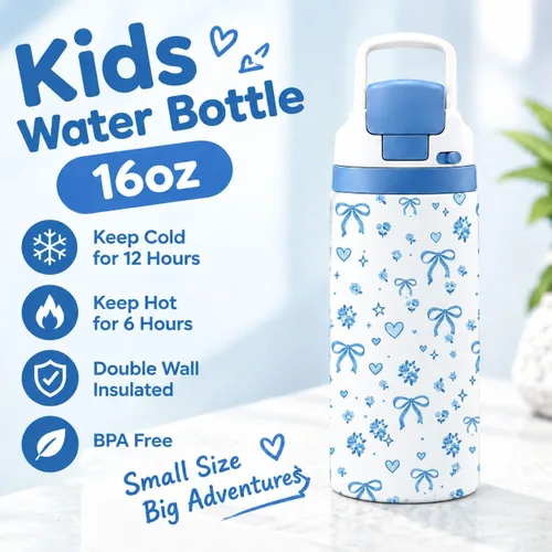 Vista 2 de Blue Bow - Botella de agua de 16 onzas, vaso de acero inoxidable aislado Azul (Blue Bow)