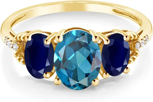 Vista 2 de Gem Stone King Anillo de compromiso ovalado de oro amarillo de 10 quilates con topacio azul Londres y zafiro azul para mujer