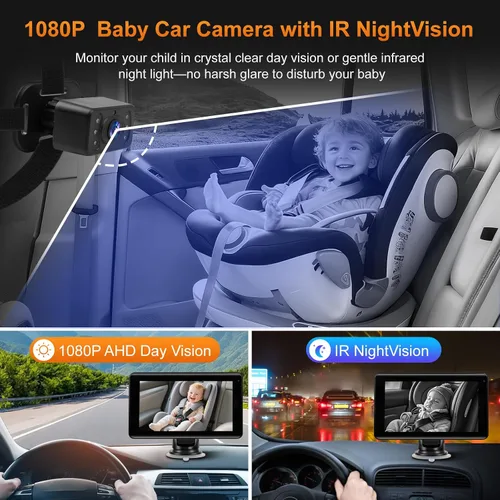 Vista 3 de Cámara de coche para bebé con pantalla inalámbrica CarPlay de 7 pulgadas, compatible con Apple CarPlay y Android Auto, cámara de coche de visión