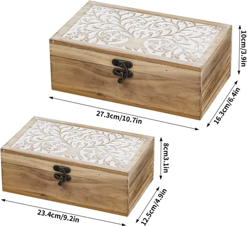 Vista 7 de 2 cajas de recuerdo de madera tallada con tapa con árbol de la vida, cajas de almacenamiento decorativas para decoración del hogar, caja