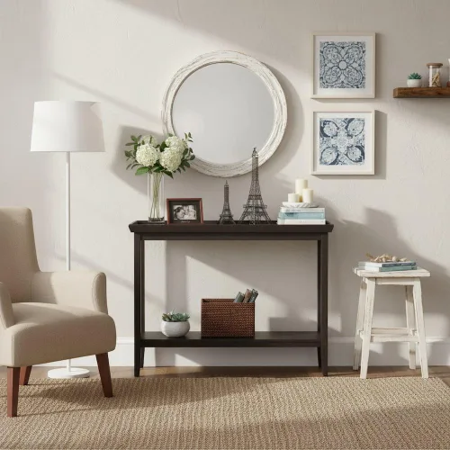 Vista 2 de Furnifact Mesa consola de pasillo con repisa elevada, patas de madera maciza cónicas, mesa de acento de entrada, acabado negro duradero
